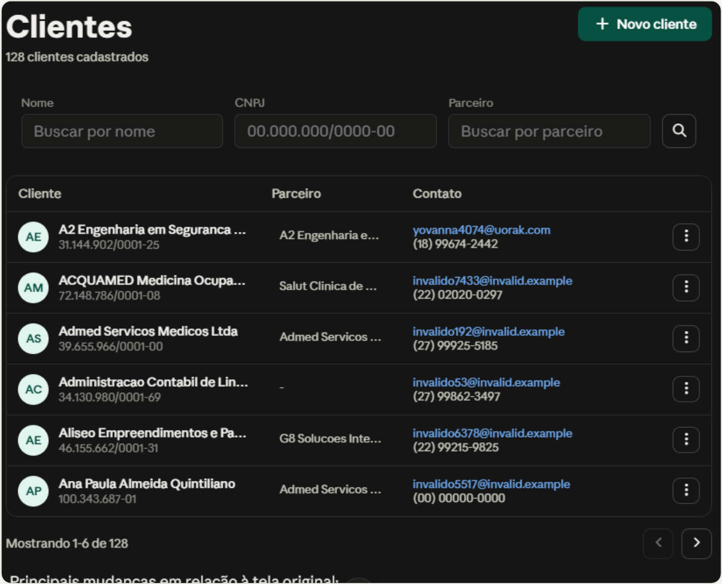 Botão "Novo cliente" reposicionado no topo direito