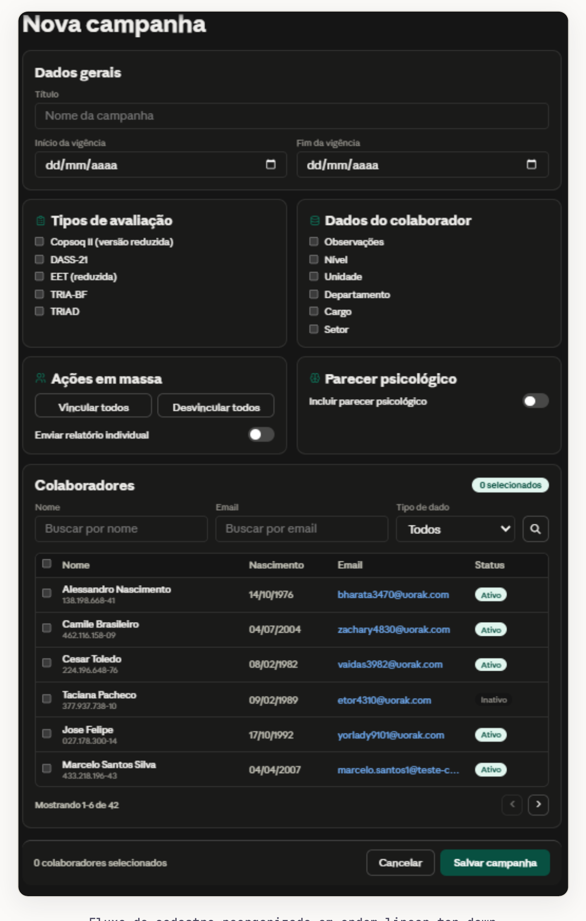 Fluxo de cadastro reorganizado em ordem linear top-down